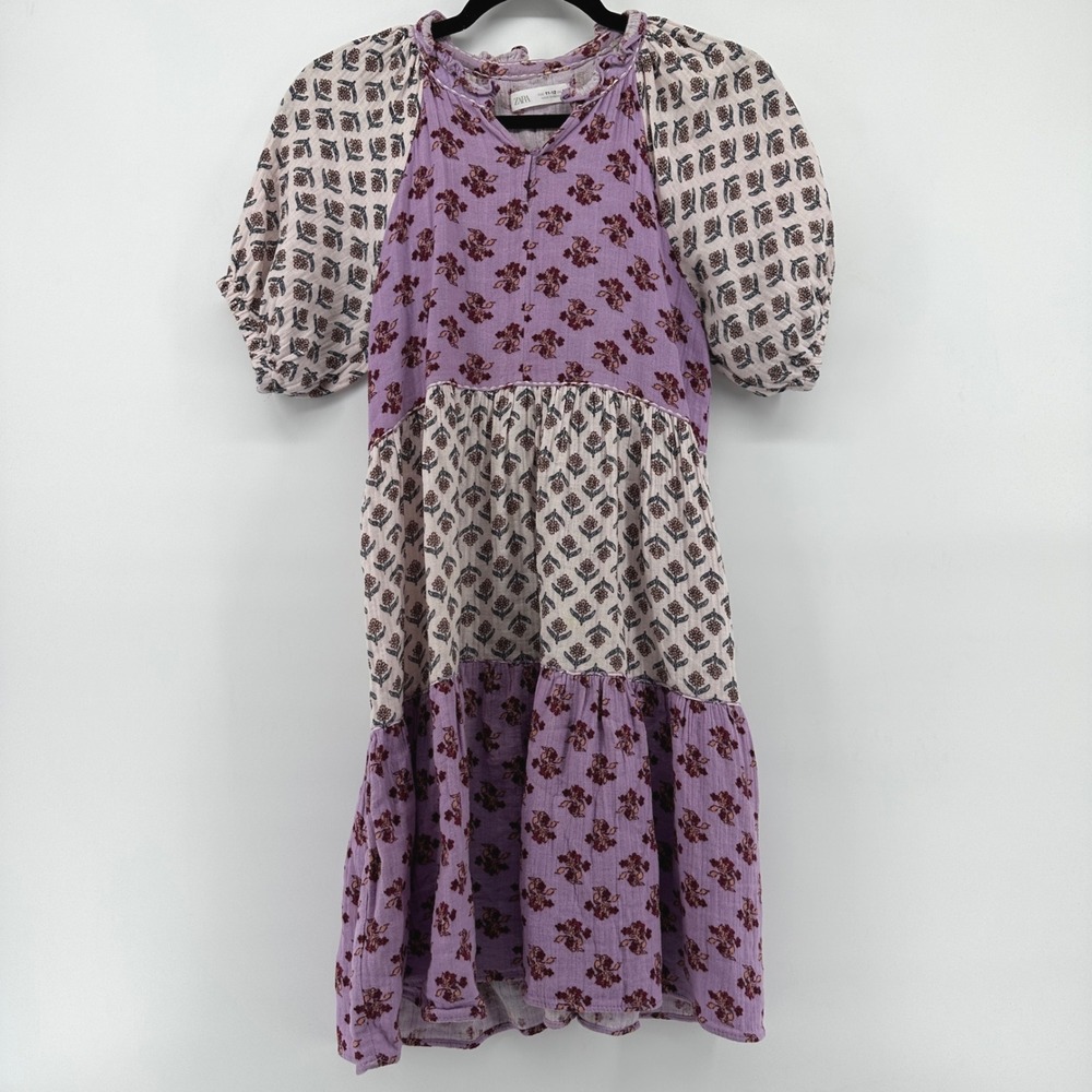 Zara Kids Purple Floral Block Print Tiered Cotton Gauze Dress Size 11-12 152